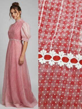 Vtg 70s handmade floor length gingham dress